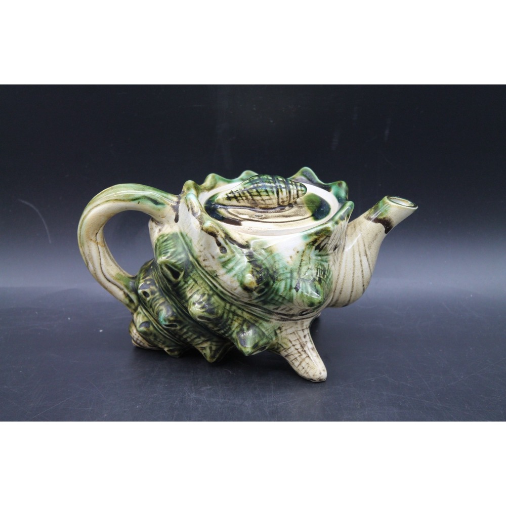 Majolica Conch Shell Teapot Green Brown Seashell Ocean Coastal Ceramic Figural